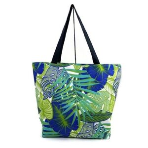 Truly Tropical Navy Palm Leaf Print Dual Handle Tote Bag Beach Womens XL